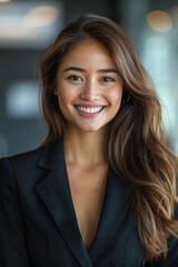 Obraz premium A woman with a confident smile wearing a black business suit, perfect for professional and formal occasions