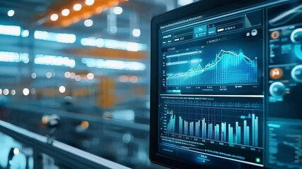 Montage showcasing the bustling activity of a modern manufacturing line, juxtaposed with computer screens displaying real time performance data and analytics - Powered by Adobe