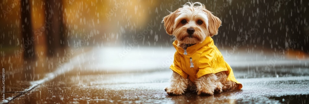 Poster small dog wearing a bright yellow raincoat sits on a wet street during light rain, surrounded by a s