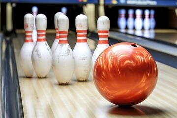 A bowling ball sitting on top of a bowling alley, perfect for use in sports or leisure settings