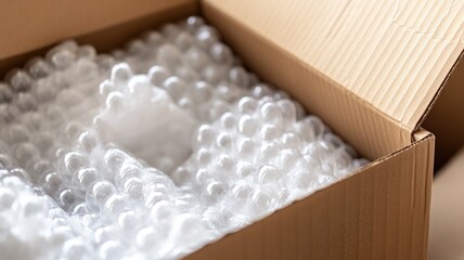 Open cardboard box filled with bubble wrap packaging material