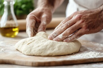 Flour dusts the wooden board as hands skillfully shape dough, encapsulating the essence of traditional baking and the joy of creating homemade meals in a warm kitchen.