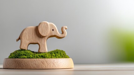 Wooden elephant figurine on moss platform in soft light