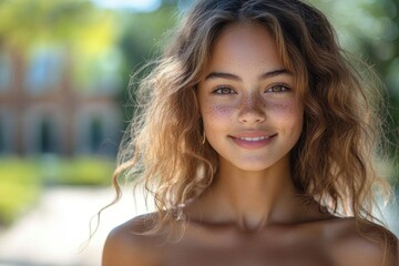 A beautiful young woman with freckles on her face, great for beauty or lifestyle use