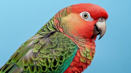 A colorful parrot perched on a rustic wooden post, ready to take flight