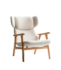 Cozy, modern chair with soft upholstery and wooden arms in a minimalistic design for stylish interiors