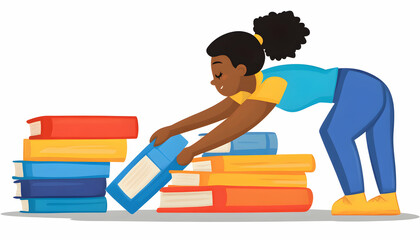 A cheerful young Black girl diligently organizes a colorful stack of books, showcasing education, learning, and organization.