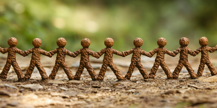 Unity and connection: earth sculpture figures holding hands outdoors