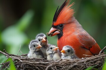 Fototapeta premium A vibrant cardinal feeding its chicks in a nest surrounded by greenery.