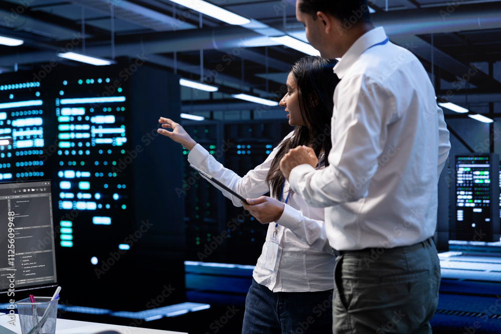 Poster engineering colleagues in data center looking for firewall misconfigurations affecting servers, doin