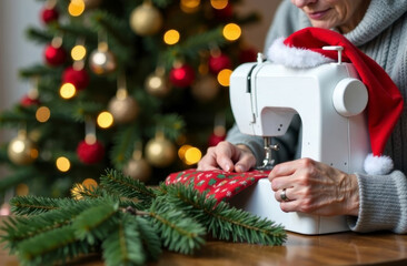 Close-up of elderly woman's hands dressed in grey sweater sewing Santa's hat on white sewing machine which stands on wooden table with decorated fir branches lying on it, copy space