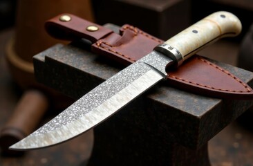 A beautiful long handmade knife with a shiny matte blade with notches on top and a mother-of-pearl handle in close-up lies next to an exquisite leather