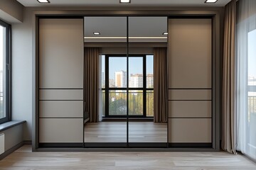 Fototapeta premium Modern mirrored sliding wardrobe in contemporary bedroom with city view.