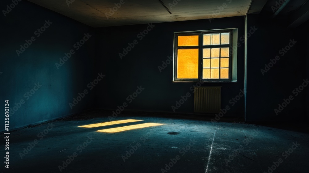 Aufkleber In a dark room, a small light source shines through a window, creating a stark contrast and evoking feelings of abandonment and solitude. Generative AI