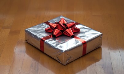 A silver box with a red bow on top