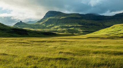 Majestic green hills and mountain landscape under dramatic cloudy skies