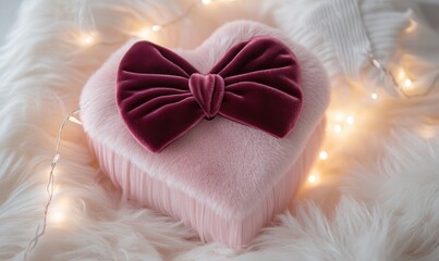 A pink velvet bow is tied around a pink heart shaped box