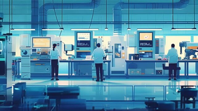 Engineers work in a spacious, clean, and modern semiconductor manufacturing factory, utilizing advanced technology and equipment to produce high tech electronics and microchips