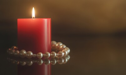 A red candle is lit and surrounded by pearls