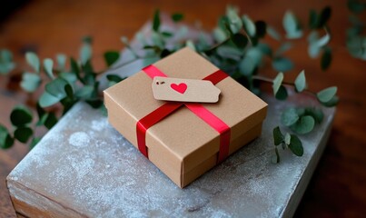 A brown box with a red ribbon and a heart tag