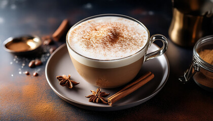 Warm chai latte with frothy milk and cinnamon served on a plate with spices