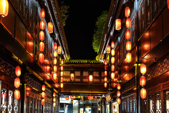 Jinli street with old traditional Chinese building style - the must tourist attraction for shopping and eating. Chengdu, China. July 30, 2023.