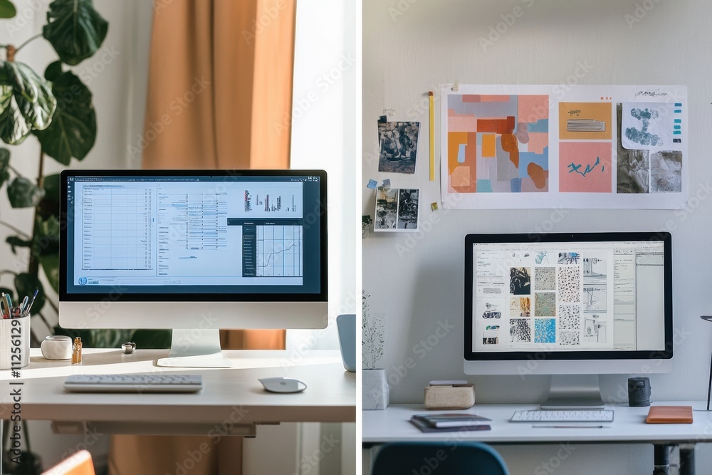 Poster two contrasting workspaces feature a sleek minimalist setup and a vibrant artistic display, each sho