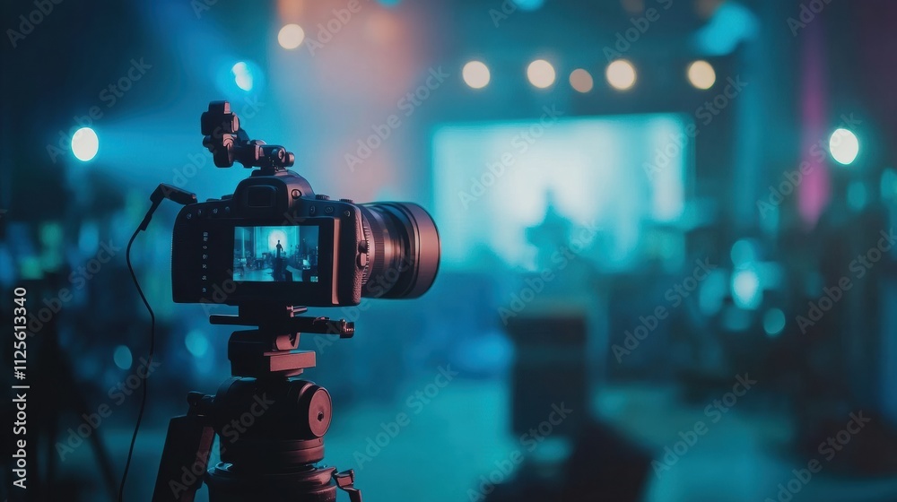 Fototapete Interview being recorded on camera in a modern television studio with blurred scenery, highlighting advancements in media production. Generative AI