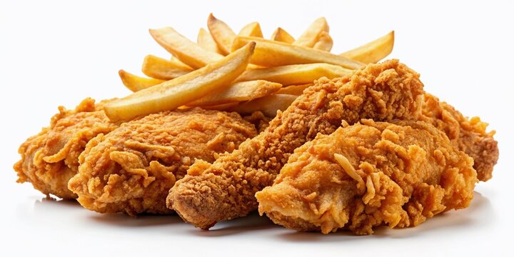 Crispy fried chicken broast paired with golden French fries, ideal for food photography. A delicious, fast food inspiration showcasing tasty dishes and culinary delights.