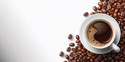 Customizable Coffee Shop Banner Template with clipart space for promotions and branding. Features coffee beans and mugs against a clean white background for eye-catching appeal.