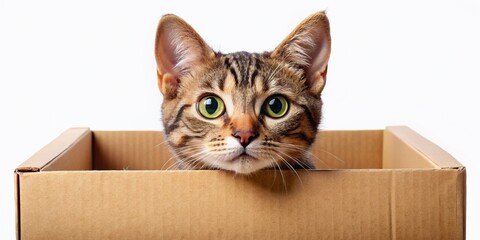 Cute cat hiding in a box, showcasing urban exploration aesthetics with a realistic touch. Ideal for cat lovers who adore delightful animal photography.