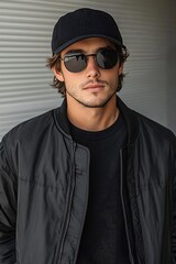 Fototapeta premium A young man in a black bomber jacket and cap poses with sunglasses.