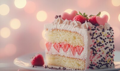 A slice of cake with strawberries and hearts on it