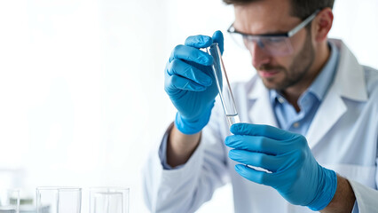 A scientist in a lab coat and gloves carefully examining a test tube, set against a bright, plain white background, showcasing a focused and professional laboratory environment.

