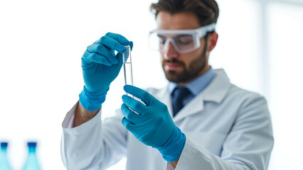 A scientist in a lab coat and gloves carefully examining a test tube, set against a bright, plain white background, showcasing a focused and professional laboratory environment.

