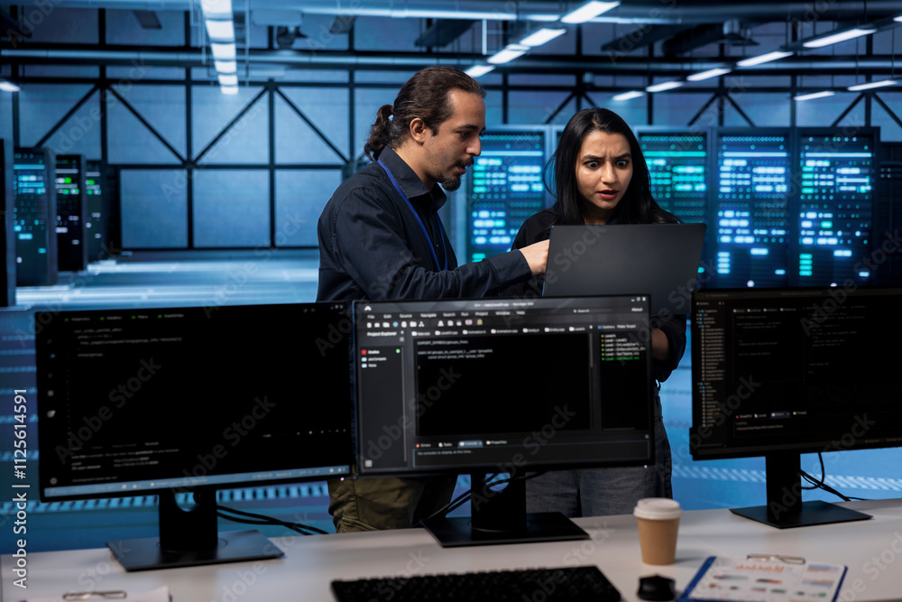 Poster coworkers in server hub establishment confused by errors on laptop screen. perplexed admins shocked 
