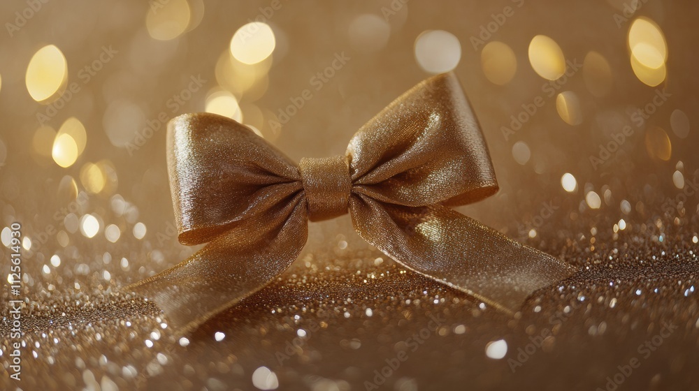 Poster the golden ribbon elegantly tied in a bow rests on a sparkling surface, enhancing the festive atmosp