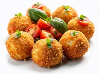 Delightful Margherita risotto balls, golden and crispy, feature a savory blend of tomato, mozzarella, and fresh basil, elegantly showcased on a white background.