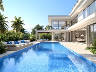 Modern villa with a pool, surrounded by greenery and palm trees, ideal for leisure and relaxation.