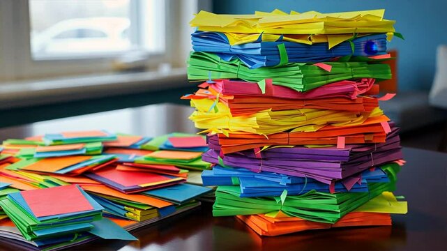 Colorful Paper Stacks in Yellow, Pink, Green, and Blue Creative Office Organization for Vibrant Inspiration and Organized Chaos