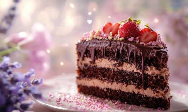 A slice of chocolate cake with pink frosting and strawberries on top