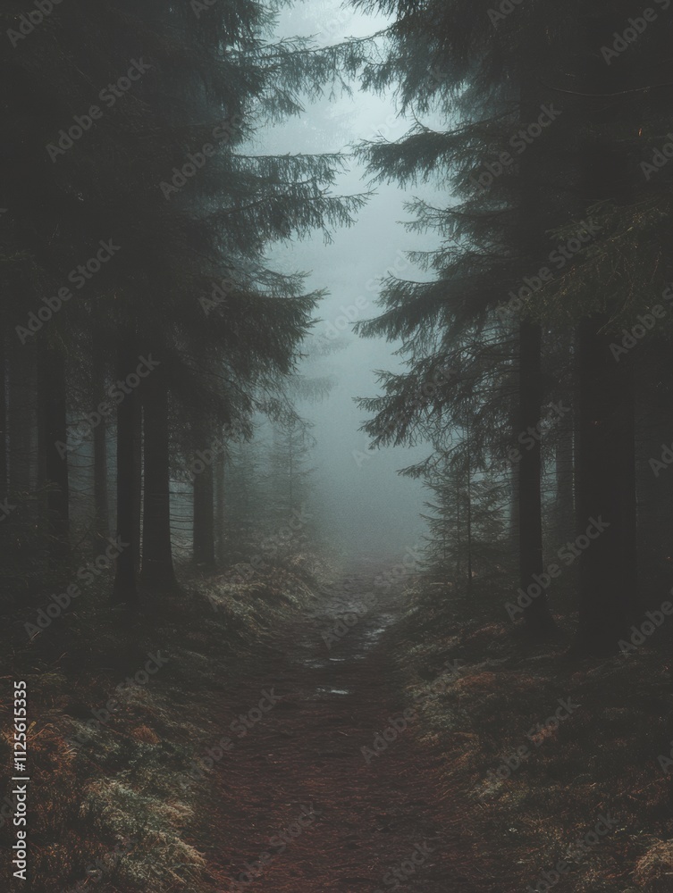 Aufkleber Serene forest pathway guides into thick woods, shrouded in mist, creating a tranquil atmosphere perfect for reflection and exploration. Generative AI