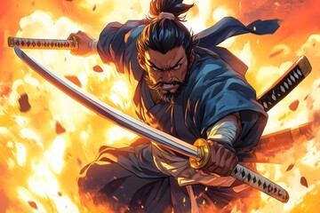 A dramatic cartoon illustration of a frontal view of a samurai running away from an explosion