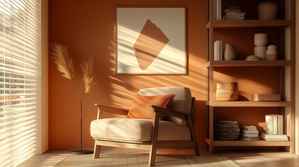 Cozy reading corner with warm orange tones and wooden bookshelf
