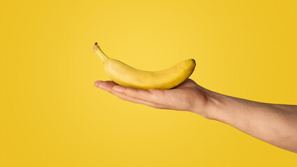 Closeup of millennial guy holding whole ripe banana on orange background, copy space. Panorama