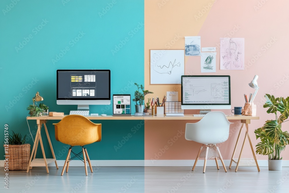 Poster two distinct workspace designs feature a minimalist setup with color-blocked walls, artistic display