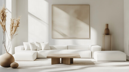 Minimalist living room with white furniture and pampas grass decor
