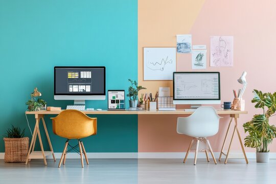 Two distinct workspace designs feature a minimalist setup with color-blocked walls, artistic displays, and ample space for text. Generative AI