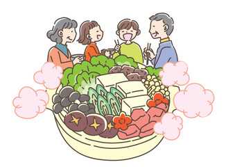 鍋料理を食べる家族