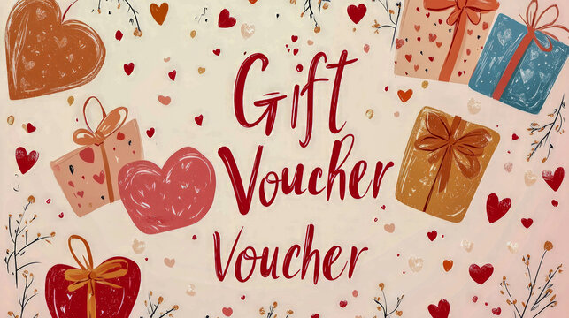 Gift voucher design with heart and gift illustrations in red and gold - Powered by Adobe